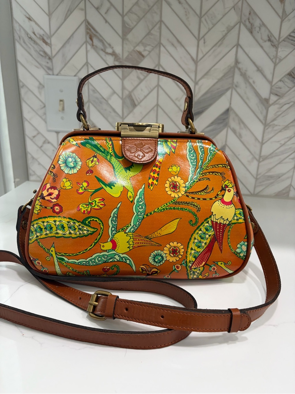 Patricia Nash Birds of Paradise Orange Top-Handle Bag Optional Shoulder Strap